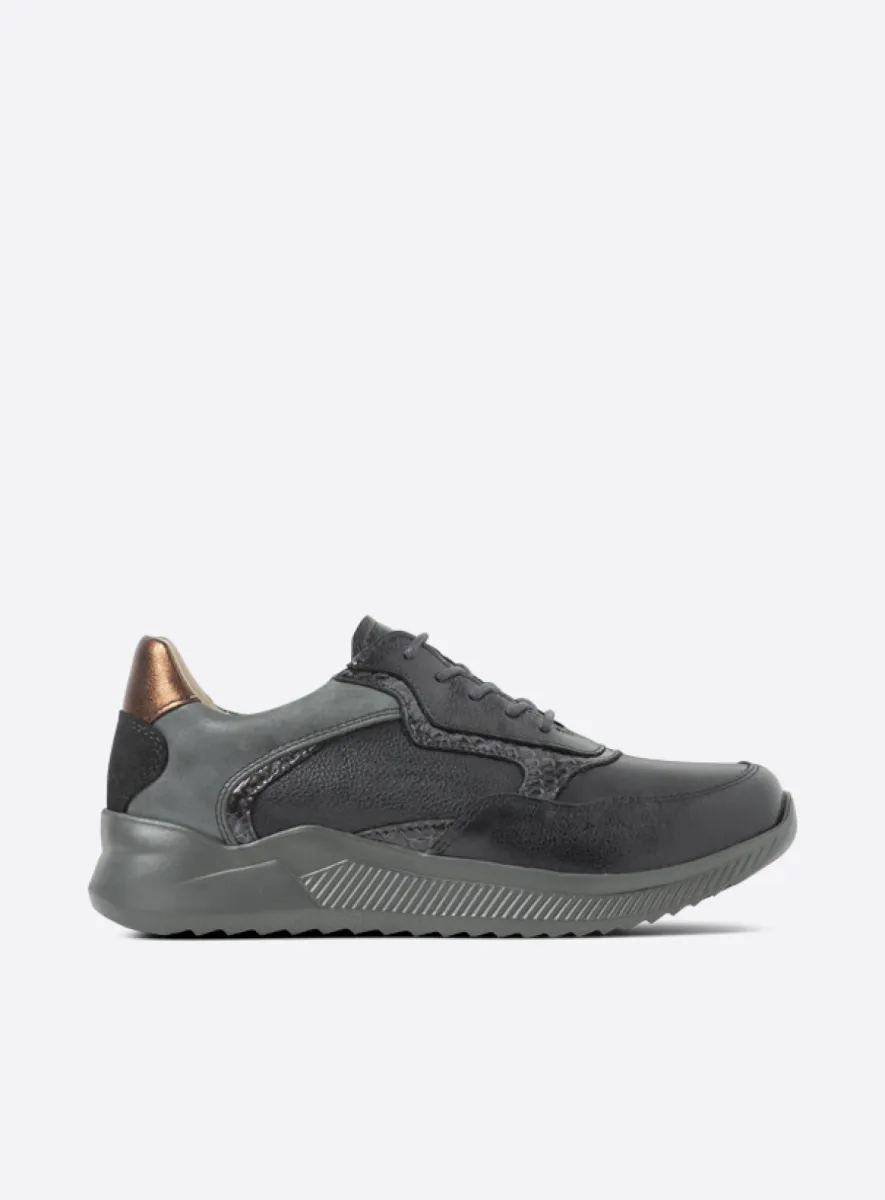 zwartgrijs stretch/leer combi