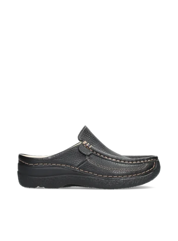 Wolky Roll Slide - zwart leer Klompen voor dames