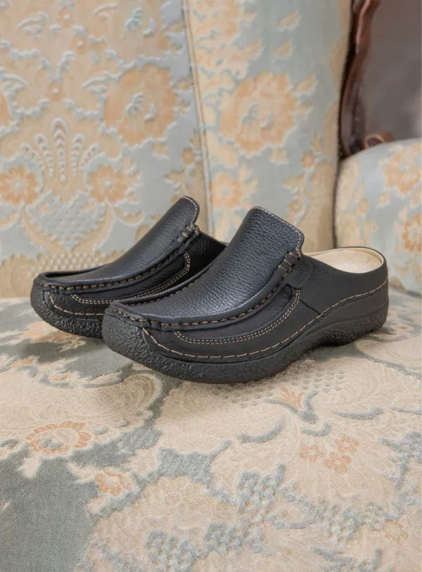 Wolky Roll Slide - zwart leer Klompen voor dames