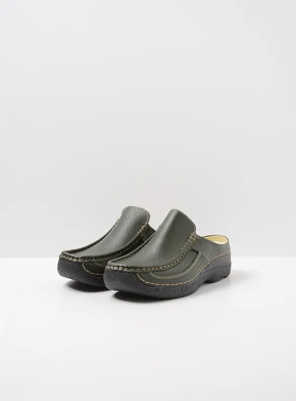 Wolky Roll Slide - forestgroen leer Klompen voor dames