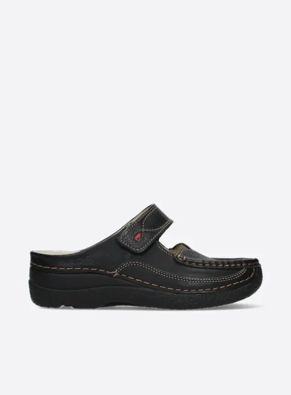 Wolky Roll Slipper - zwart leer Klompen voor dames