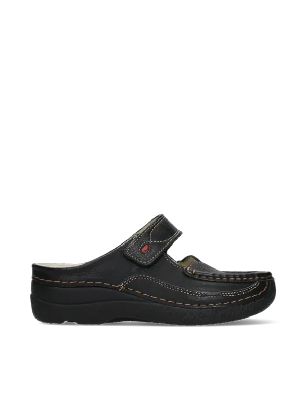 Wolky Roll Slipper - zwart leer Klompen voor dames