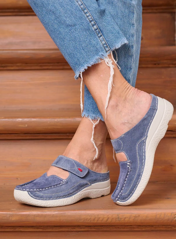 wolky extra comfort 06227 roll slipper 93820 denim suede detail