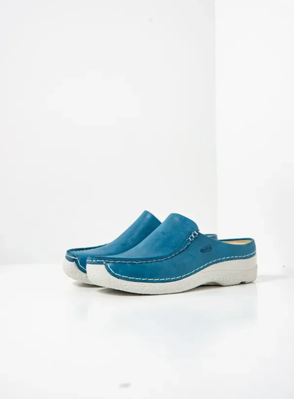 Wolky Seamy Slide - blauw effectleer Klompen voor dames