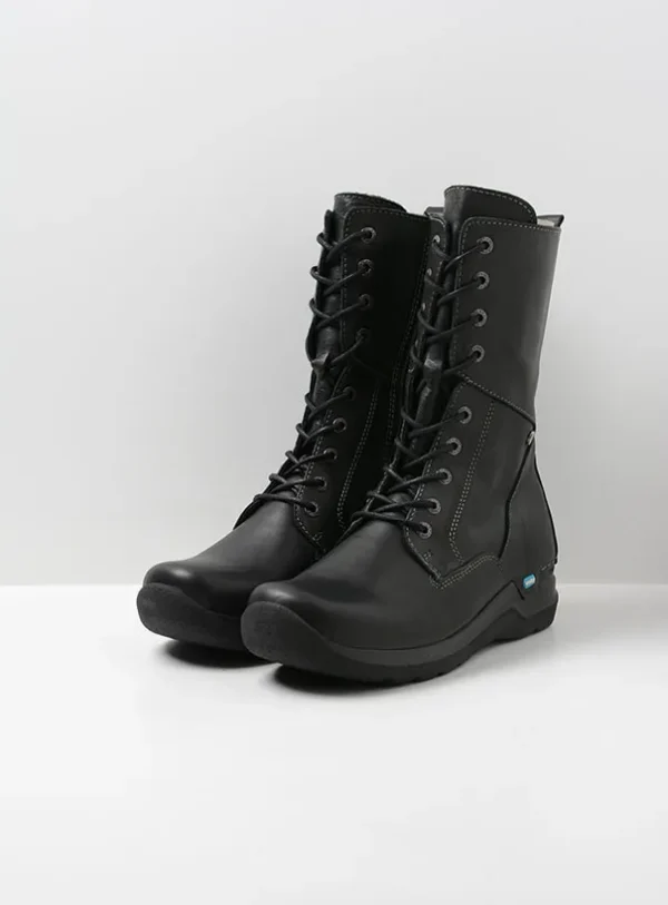 Wolky Zigzag - zwart leer Veterlaarzen voor dames