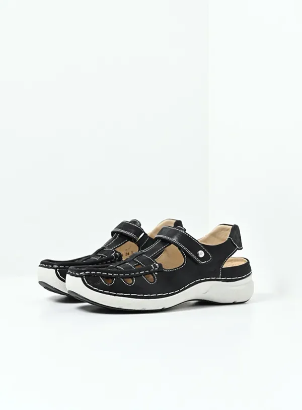 Wolky Rolling Sun - zwart effectleer Sandalen voor dames